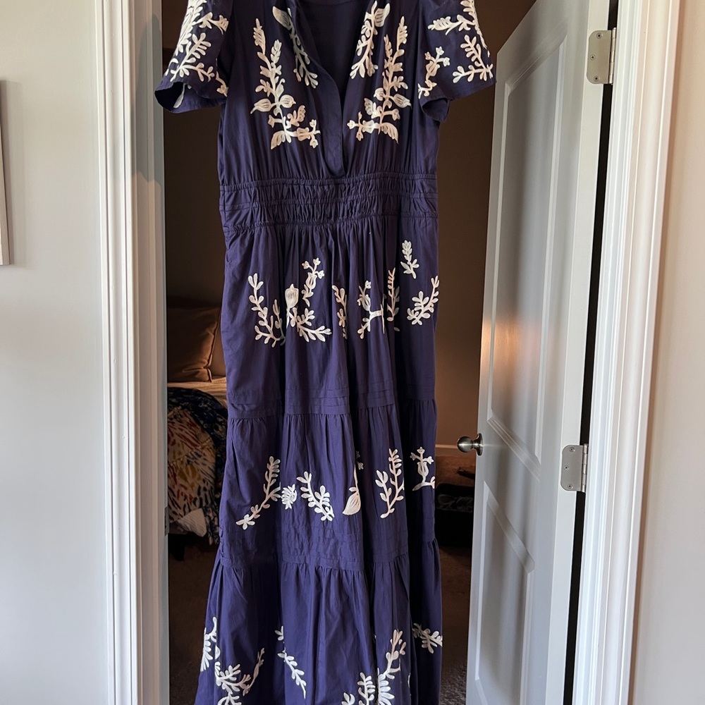 Anthro Blue Embroidered Maxi Dress